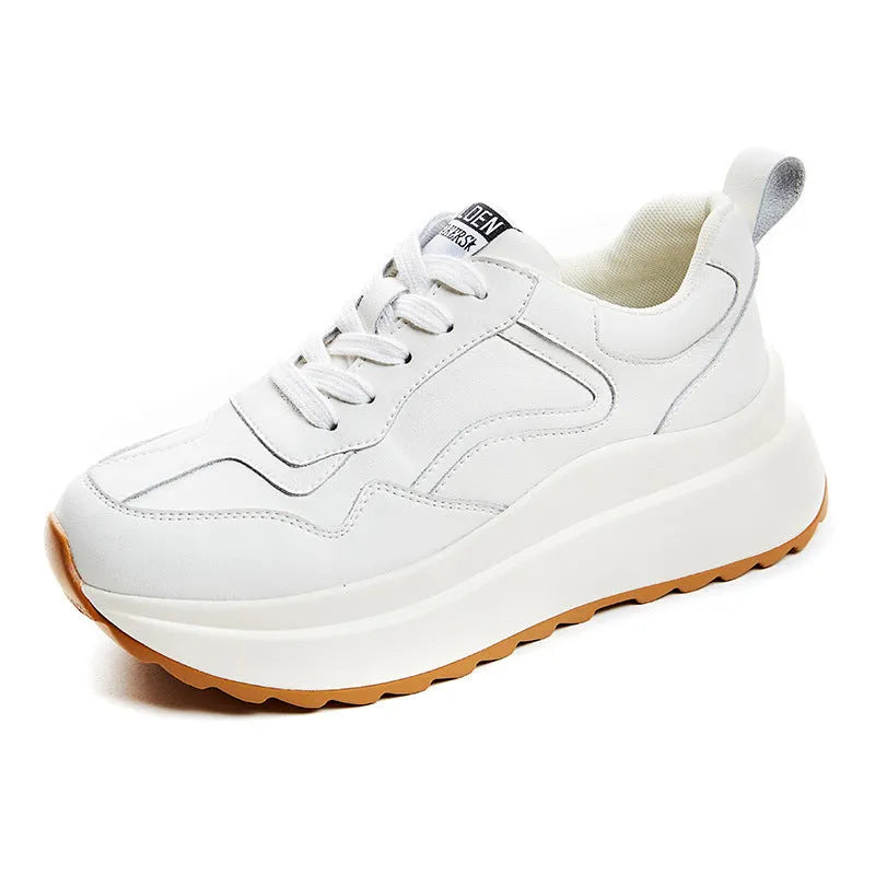 White women's cattlehide leather low-top casual sports shoes with a cross-strap and round toe.