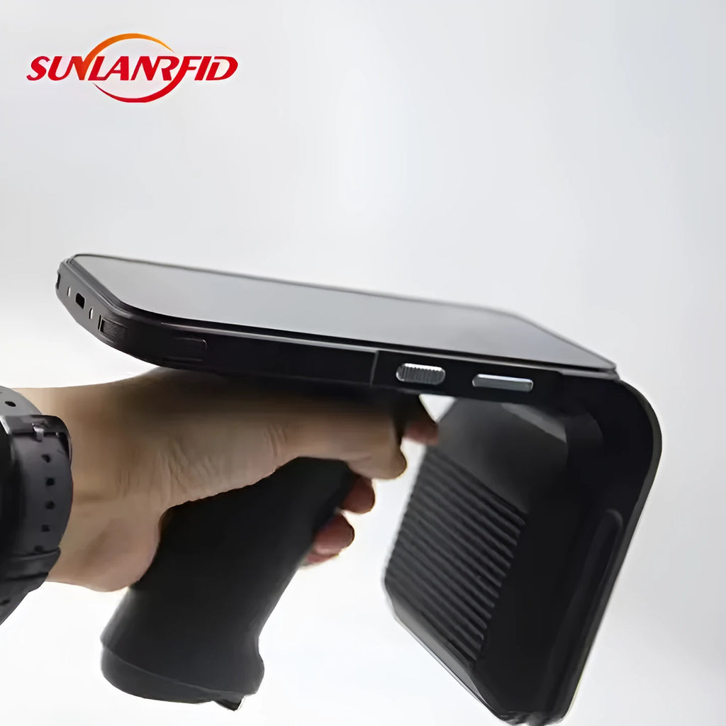 SLP-05 handheld UHF RFID scanner with Android screen, trigger, and integrated 2D scanner for warehouse and logistics use.
