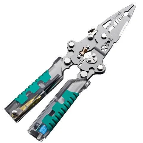 Thickened multi-functional electric pointed pliers with wire stripper, made from rust-resistant Luo Ni steel.