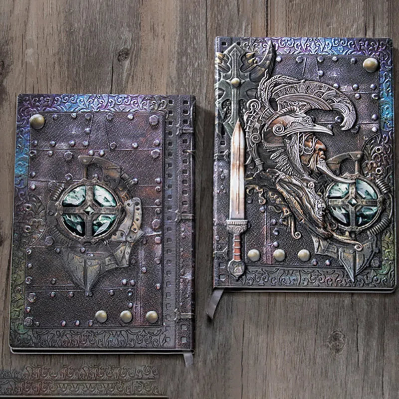 Handmade leather A5 notebook with embossed 3D warriors relief design in bronze colour.