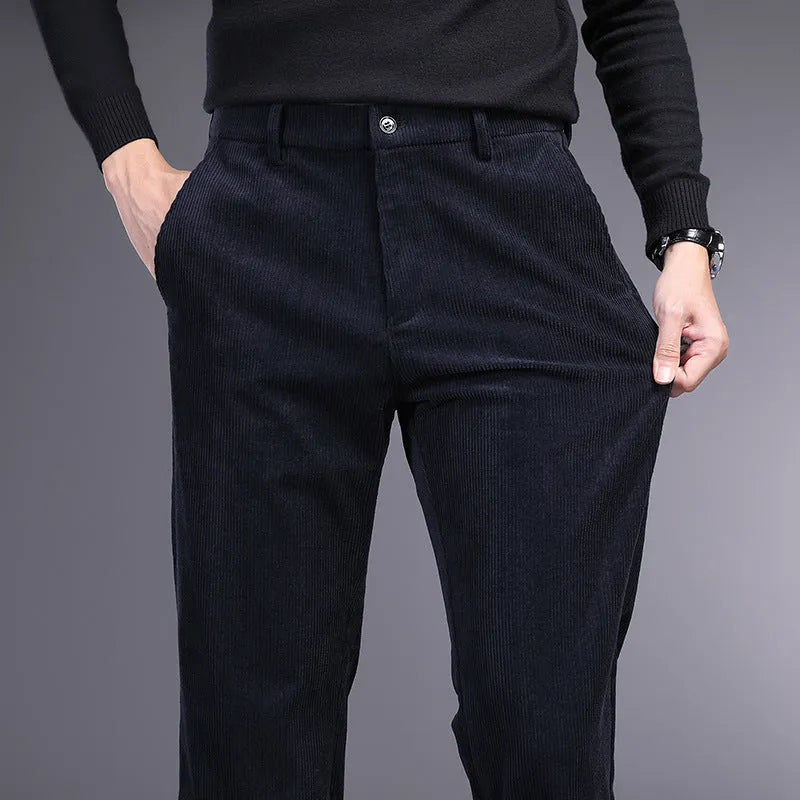 British retro striped straight leg trousers for men, available in khaki colour, showing side view