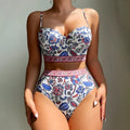 Blue women's high-waist push-up bikini swimsuit with polyester fabric and sleeveless design