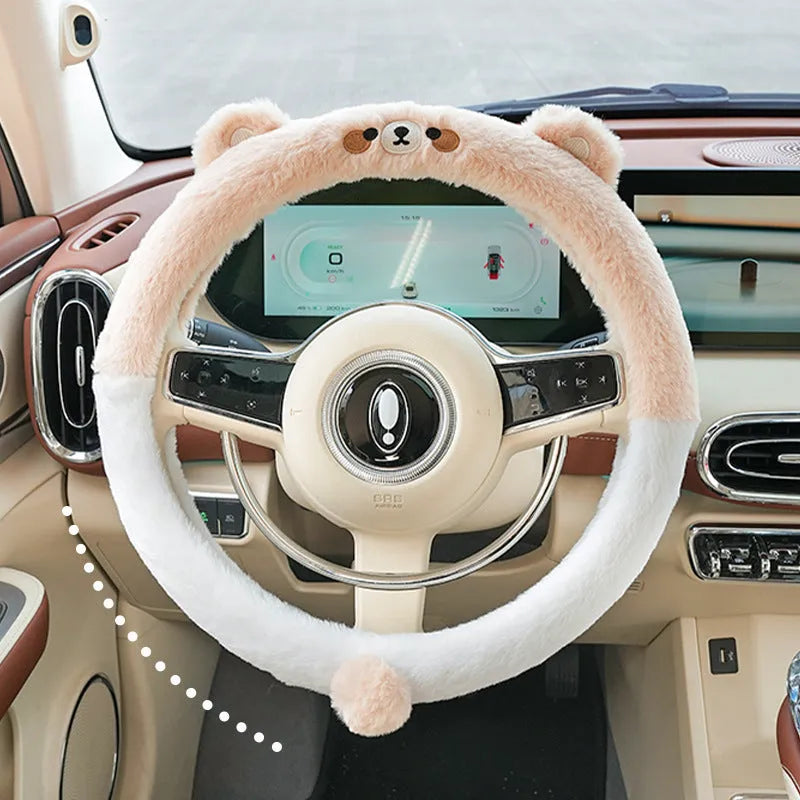 Plush steering wheel cover with cartoon embroidery for 38cm diameter wheels