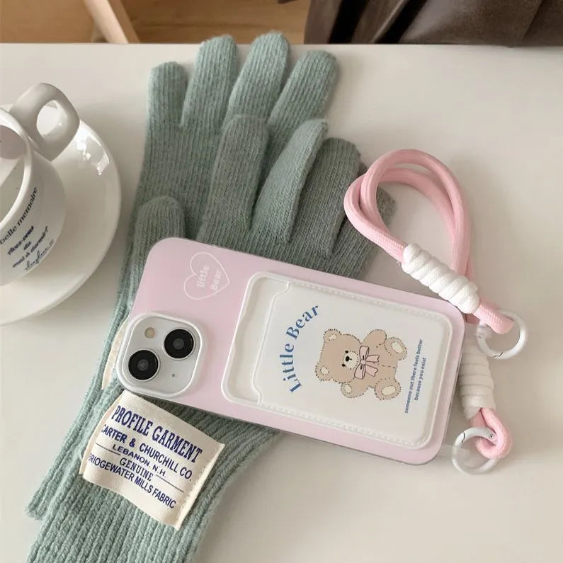 Pink bear TPU card holder lanyard phone case for iPhone 11 to 15 Pro Max with detachable strap