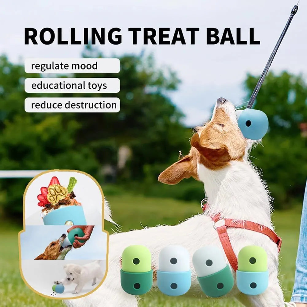 Food grade silicone dog treat puzzle ball in assorted two-tone colours, 8cm diameter.