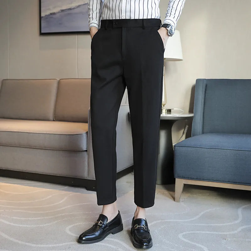 Straight retro brown corduroy trousers with slim fit and elastic waistband for men