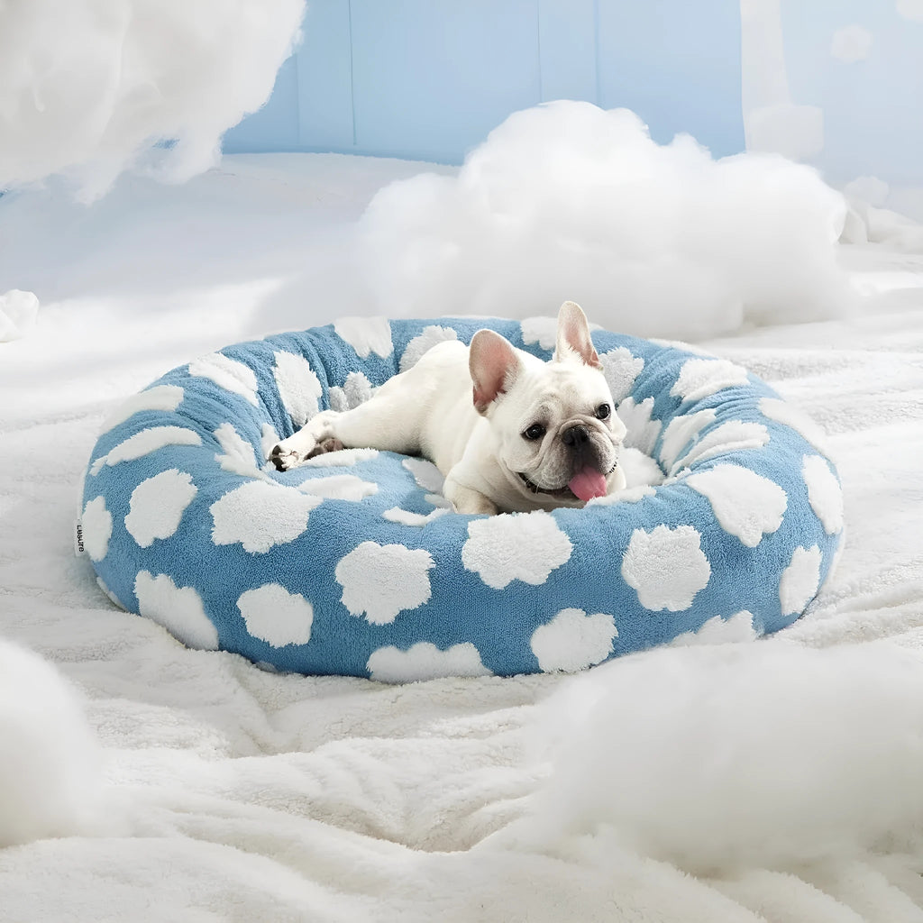 Round pet bed in sea blue white plaid with removable cover, 60x60x20 cm size for dogs and cats