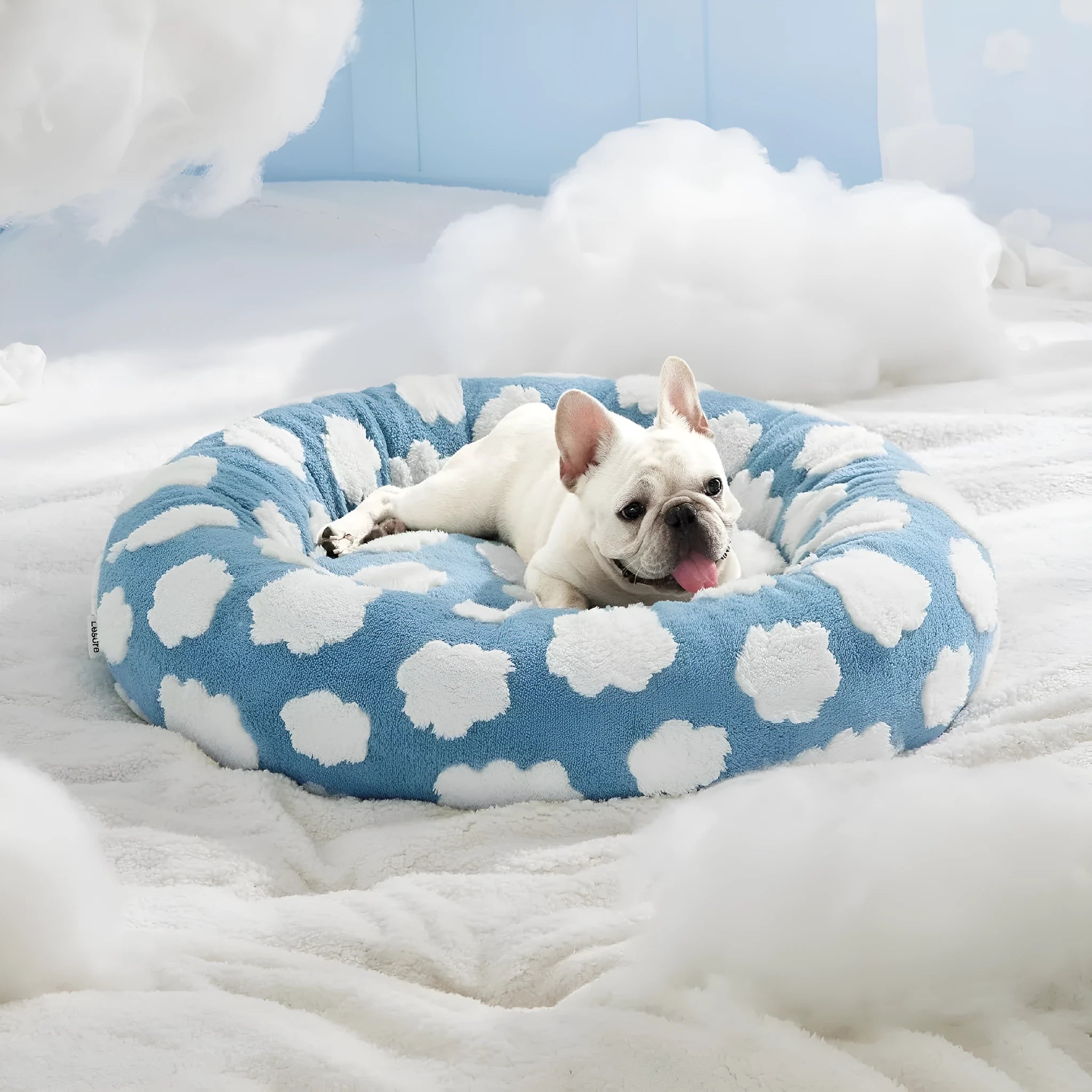 Round pet bed in sea blue white plaid with removable cover, 60x60x20 cm size for dogs and cats