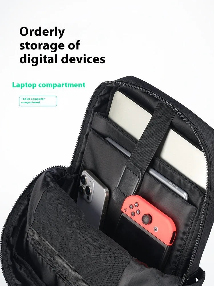 Lightweight black oxford cloth computer backpack with a 20-35 litre capacity.