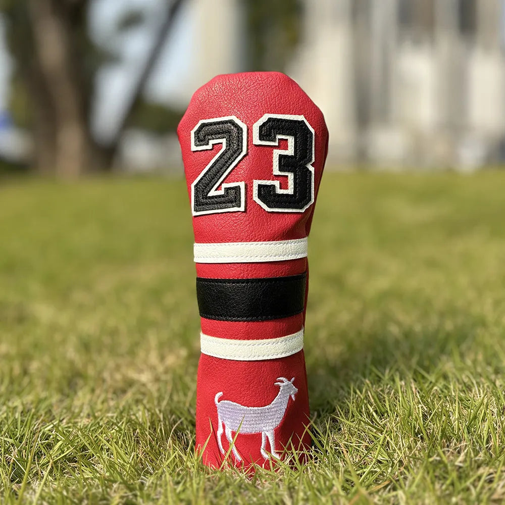 Set of PU golf club head covers in various colours including red, black, white, and yellow sleeves for woods and a square putter