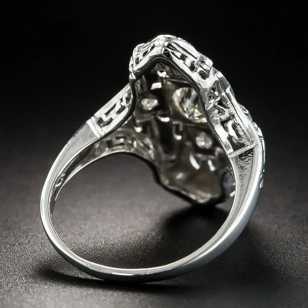 Geometric hollow-out copper ring with silver electroplated finish and diamond stud accents