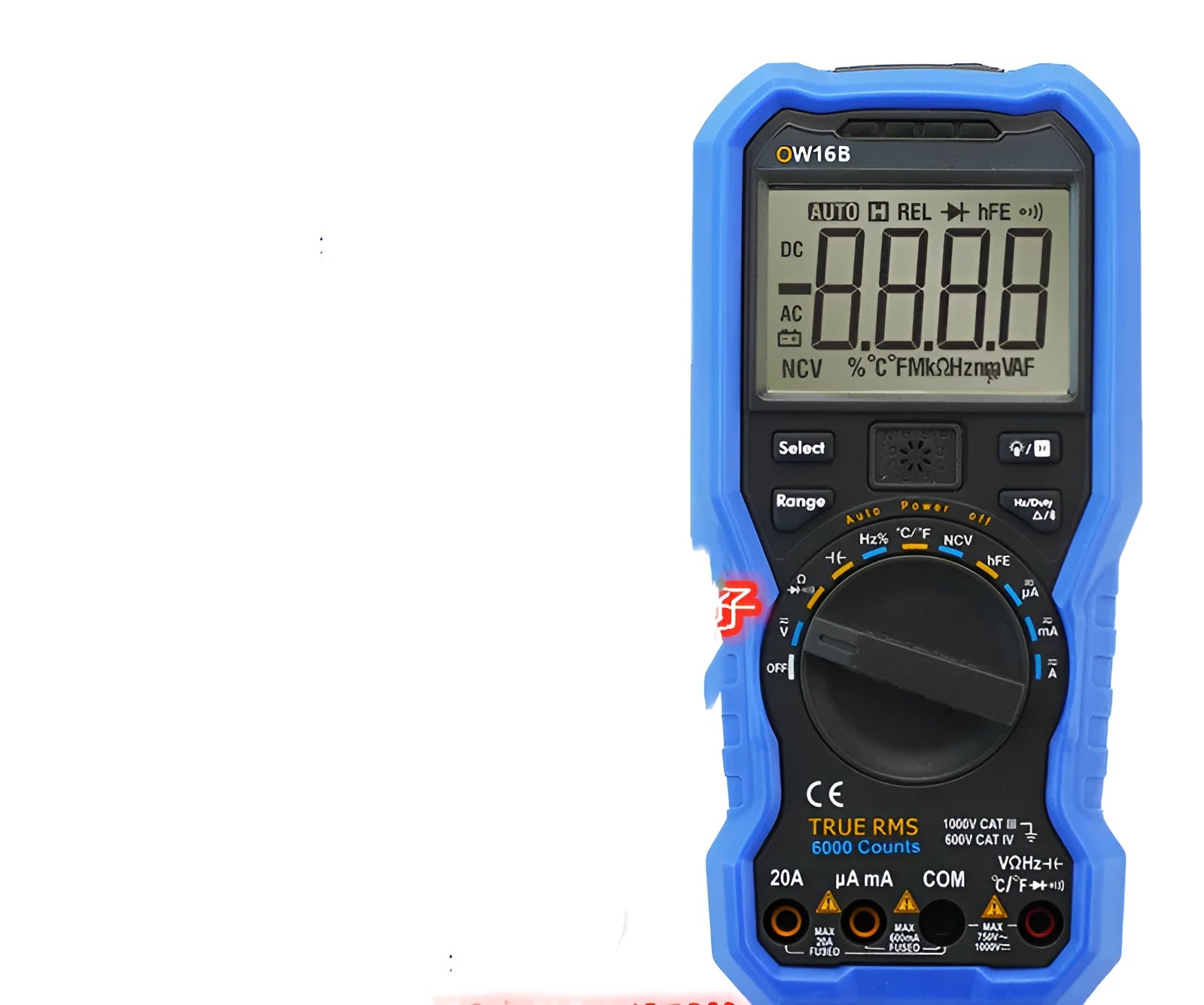 Handheld digital multimeter with NCV voltage sensing and test leads on white background
