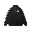 Black Hong Kong style polyester hoodie with stand collar on a hanger.