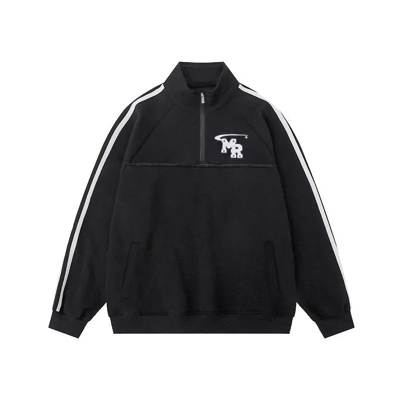 Black Hong Kong style polyester hoodie with stand collar on a hanger.