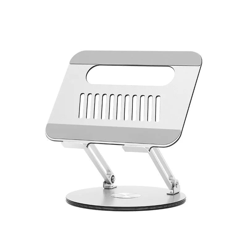 Silver aluminium alloy rotatable laptop stand with foldable design, 285 x 210 x 58 mm, on a desk