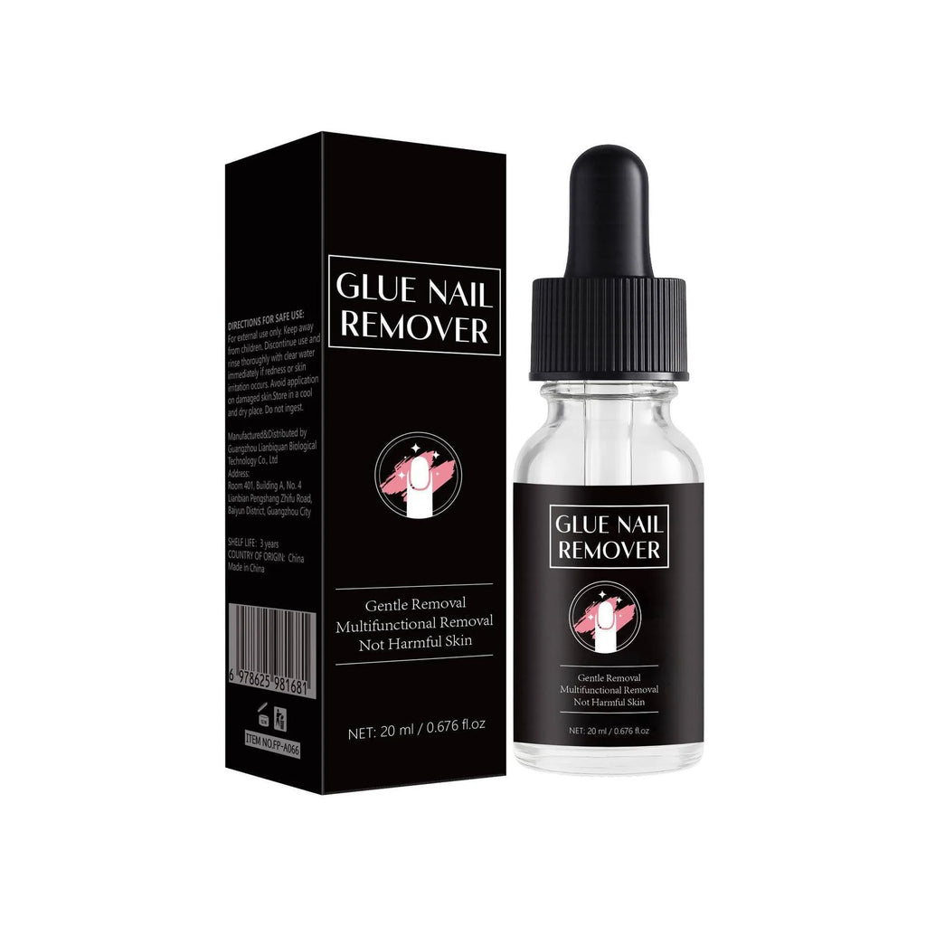 Nail glue remover bottle and applicator brush for acrylic and gel nail removal.
