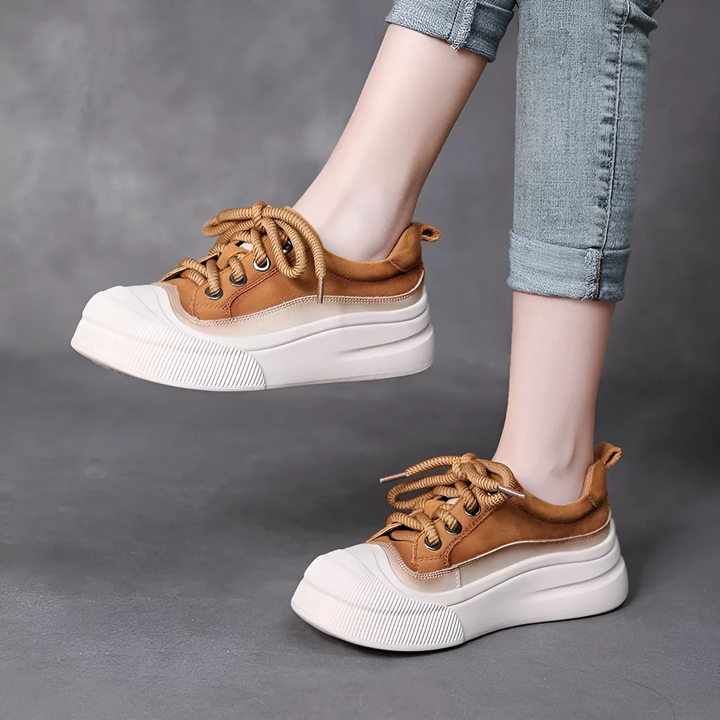 Women's yellow full grain cow leather lace-up casual shoes with round toe