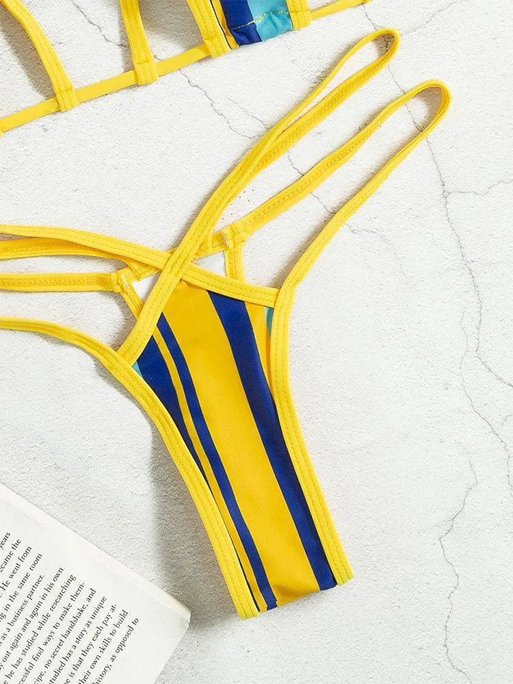 Women's split swimsuit in yellow with neck-hanging top, high-waist bottom, and backless hollow cut