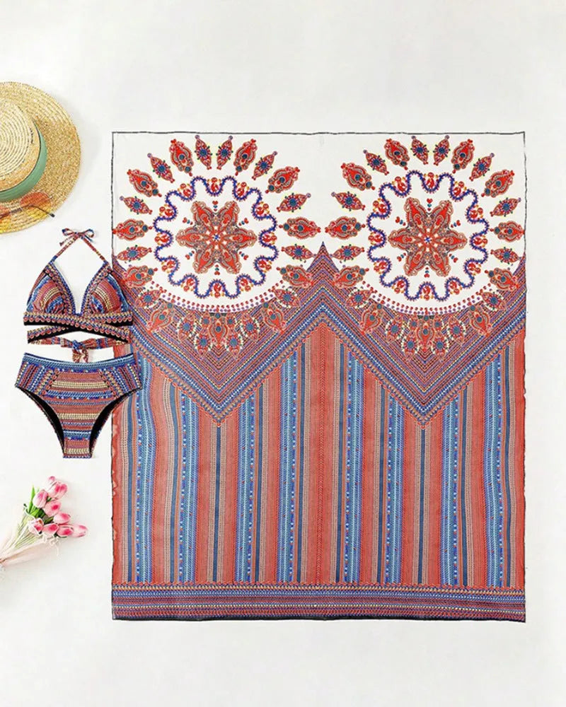 Women's three-piece swimsuit set with cutout sleeveless top, high-waisted briefs, and matching coat on a model.