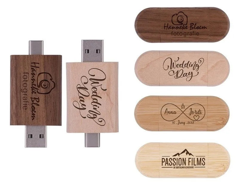 Maple wooden USB flash drive with Type-C connector on a wooden surface.
