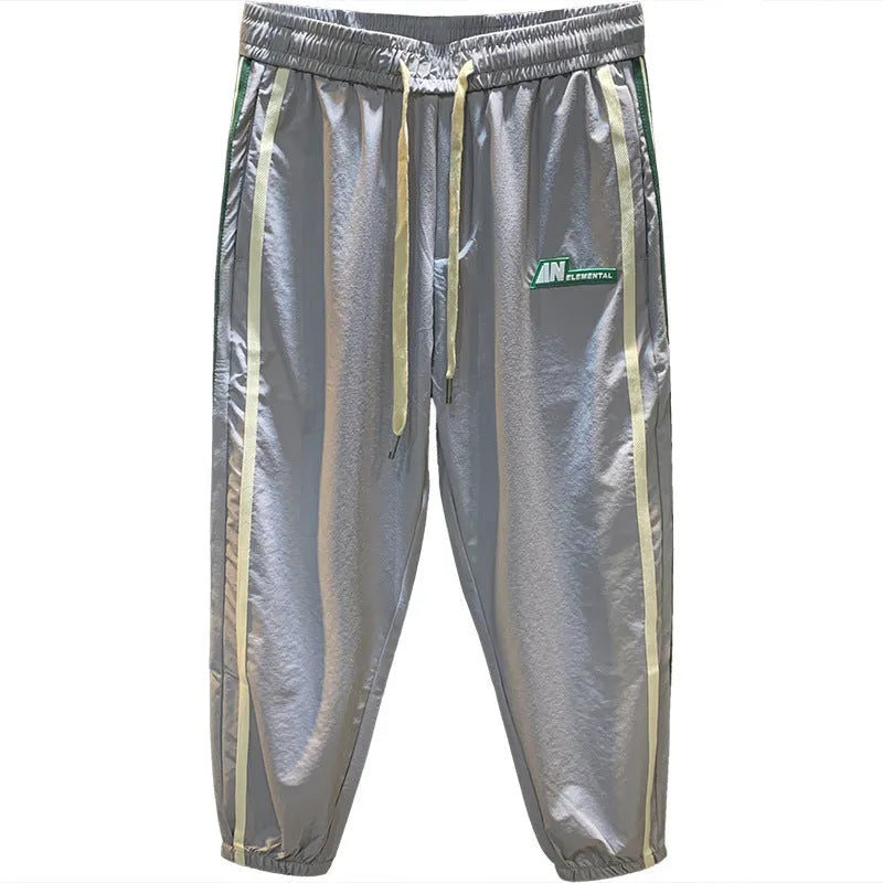 Men's black ice silk casual trousers with mid-waist and full length design