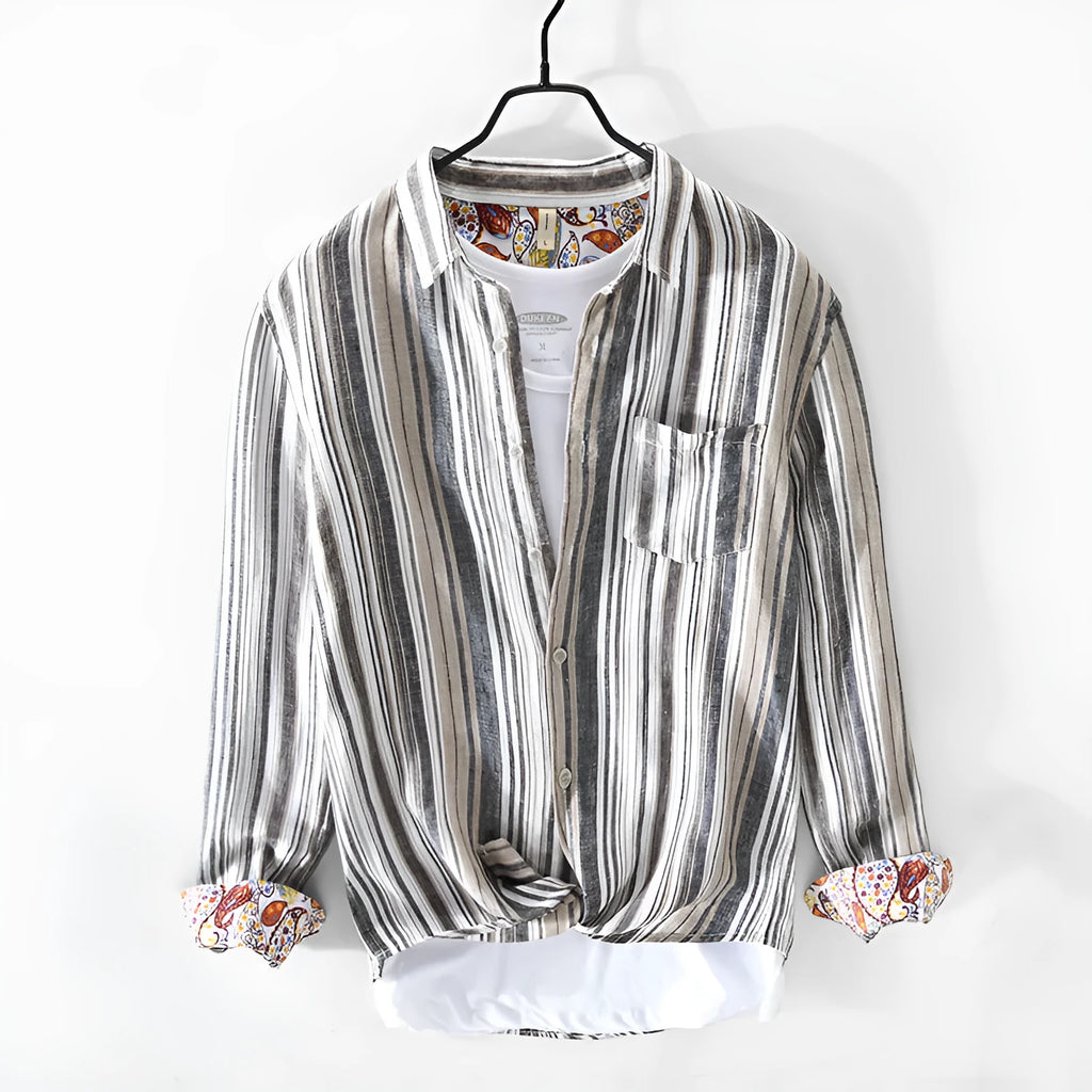 Red and grey striped linen shirt for men with long sleeves and loose fit design