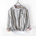 Red and grey striped linen shirt for men with long sleeves and loose fit design