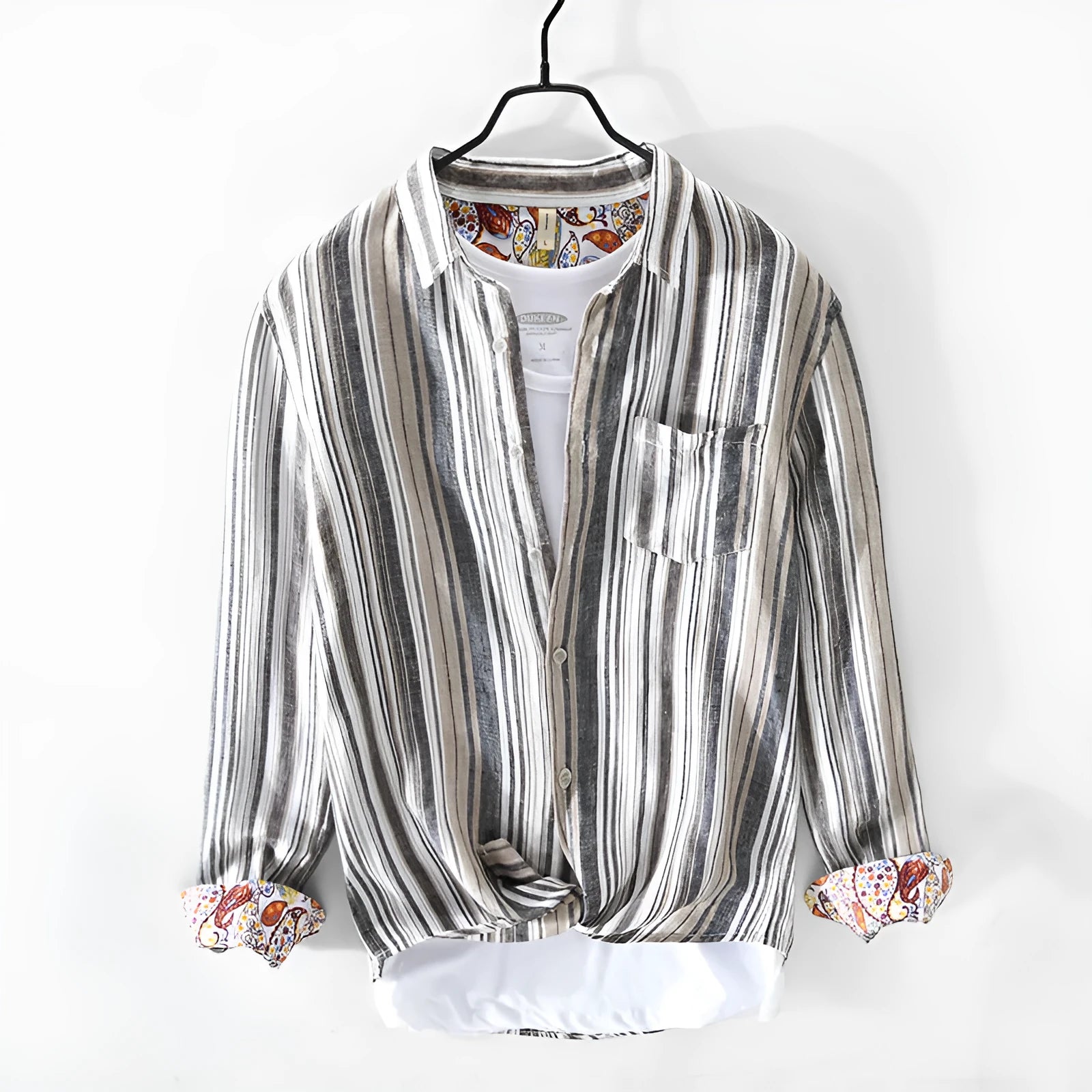 Red and grey striped linen shirt for men with long sleeves and loose fit design