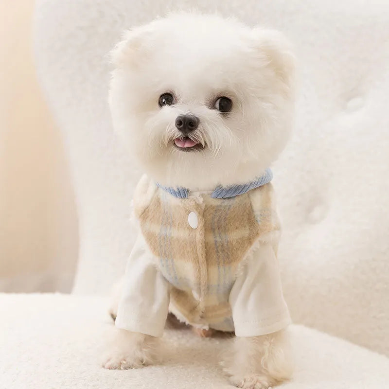 Blue corduroy dog hoodie vest with chessboard grid pattern and attached traction hood.