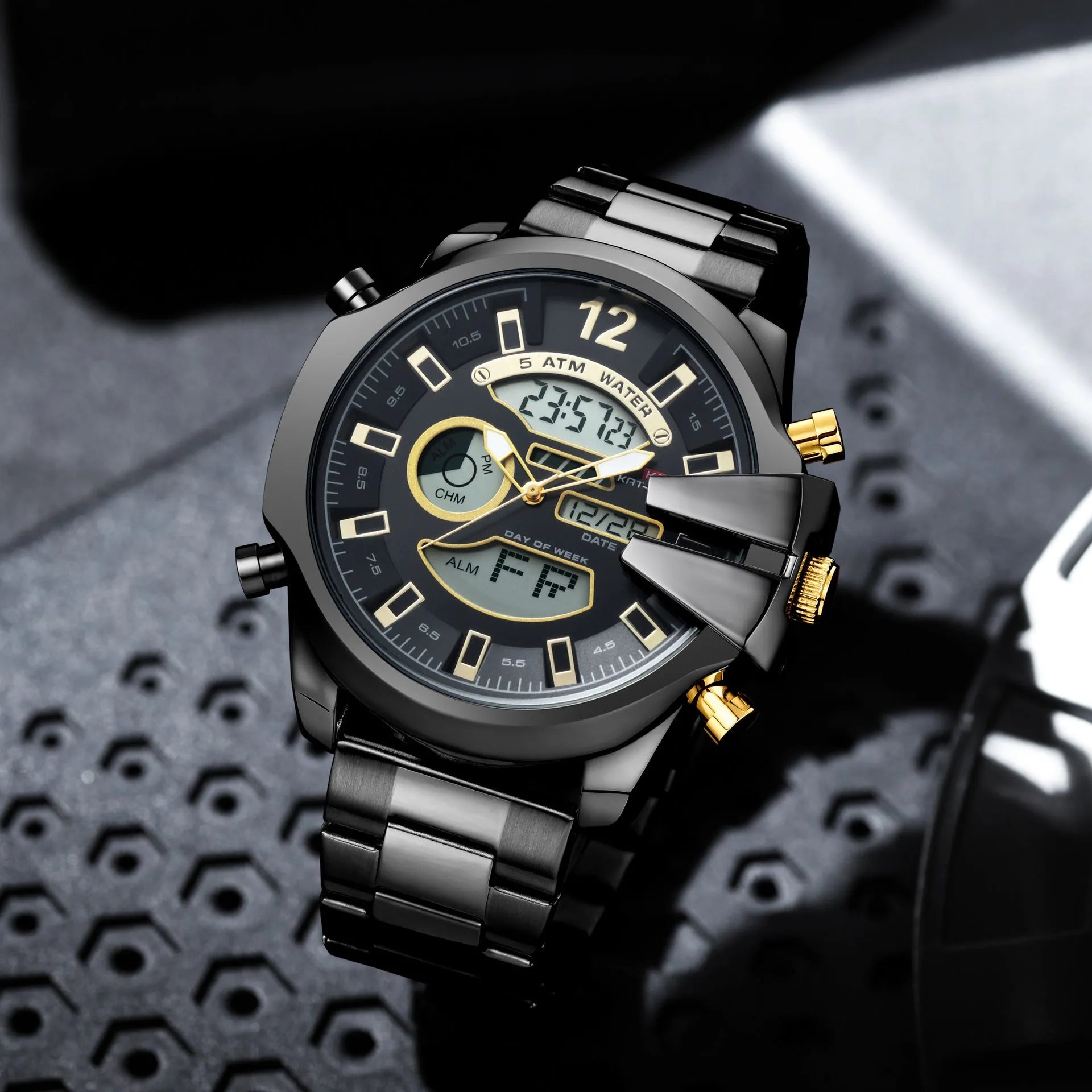 Men's double display LED alarm watch with stainless steel strap and 55mm round alloy case