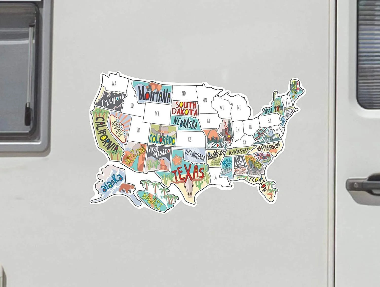 Travel-themed world map car body sticker set with vinyl lettering on white background decal