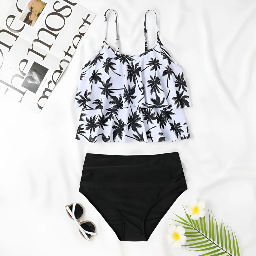 High-waist double-layer women's swimsuit in black with coconut tree floral print