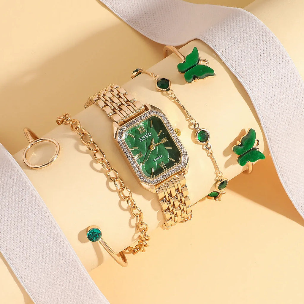 Gold green square watch and four matching bracelets showing alloy construction and jewellery buckles