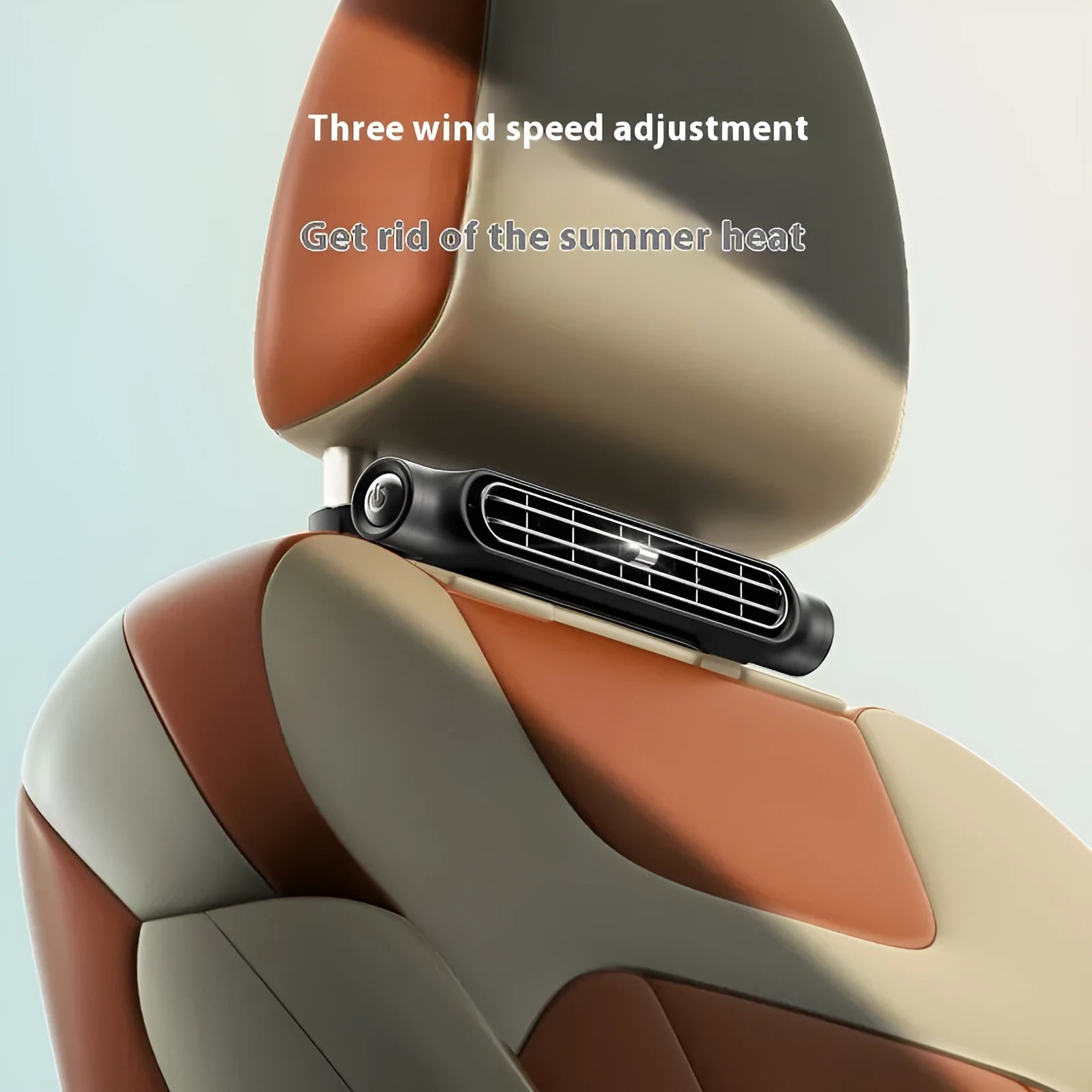 CF03 model USB plug-in car seat fan with Velcro strip, shown in beige colour on a car headrest.