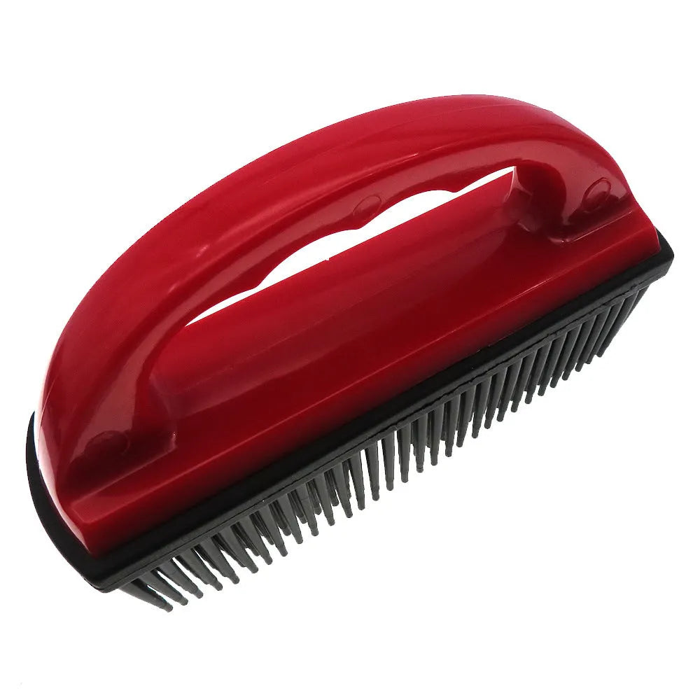 Red pet hair removal brush with silicone bristles measuring 160mm by 85mm