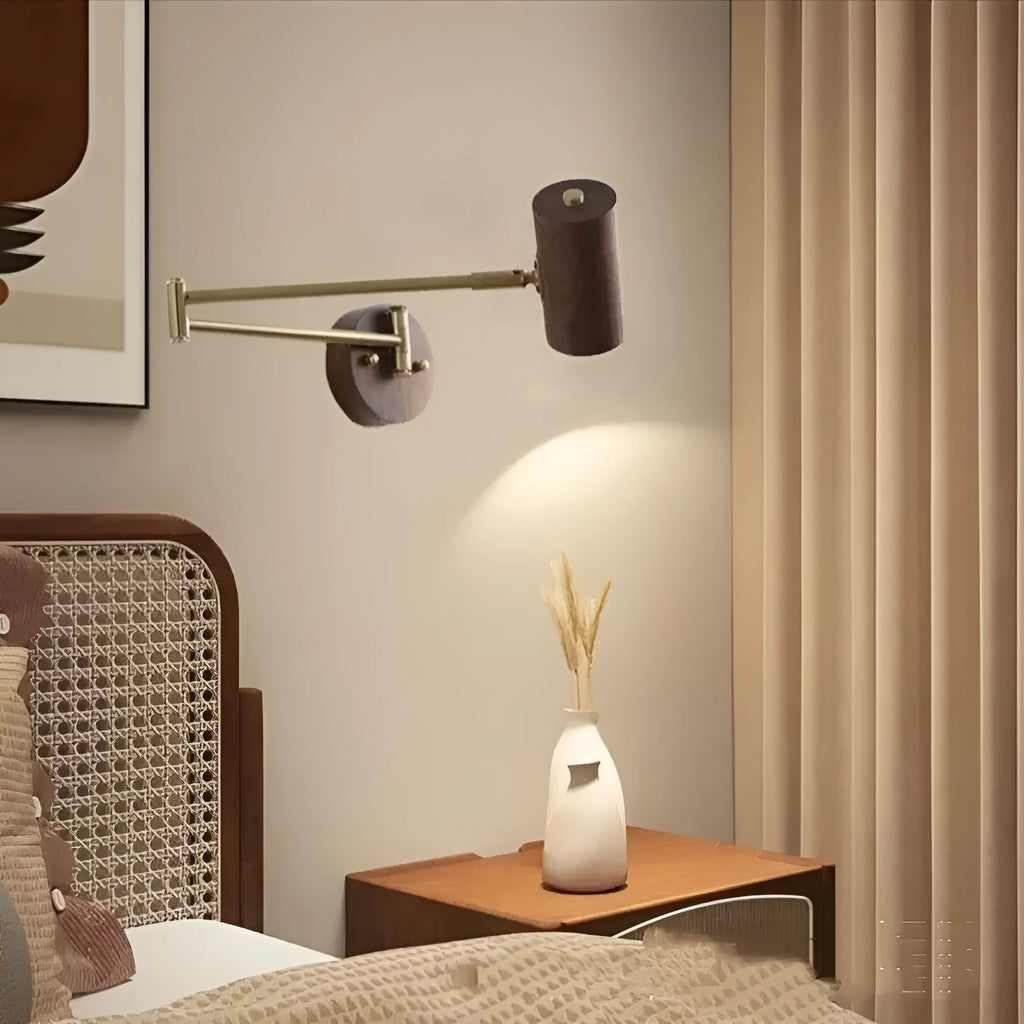 Retro rotating wall lamp with switch, long arm spot light in walnut wood and iron finish