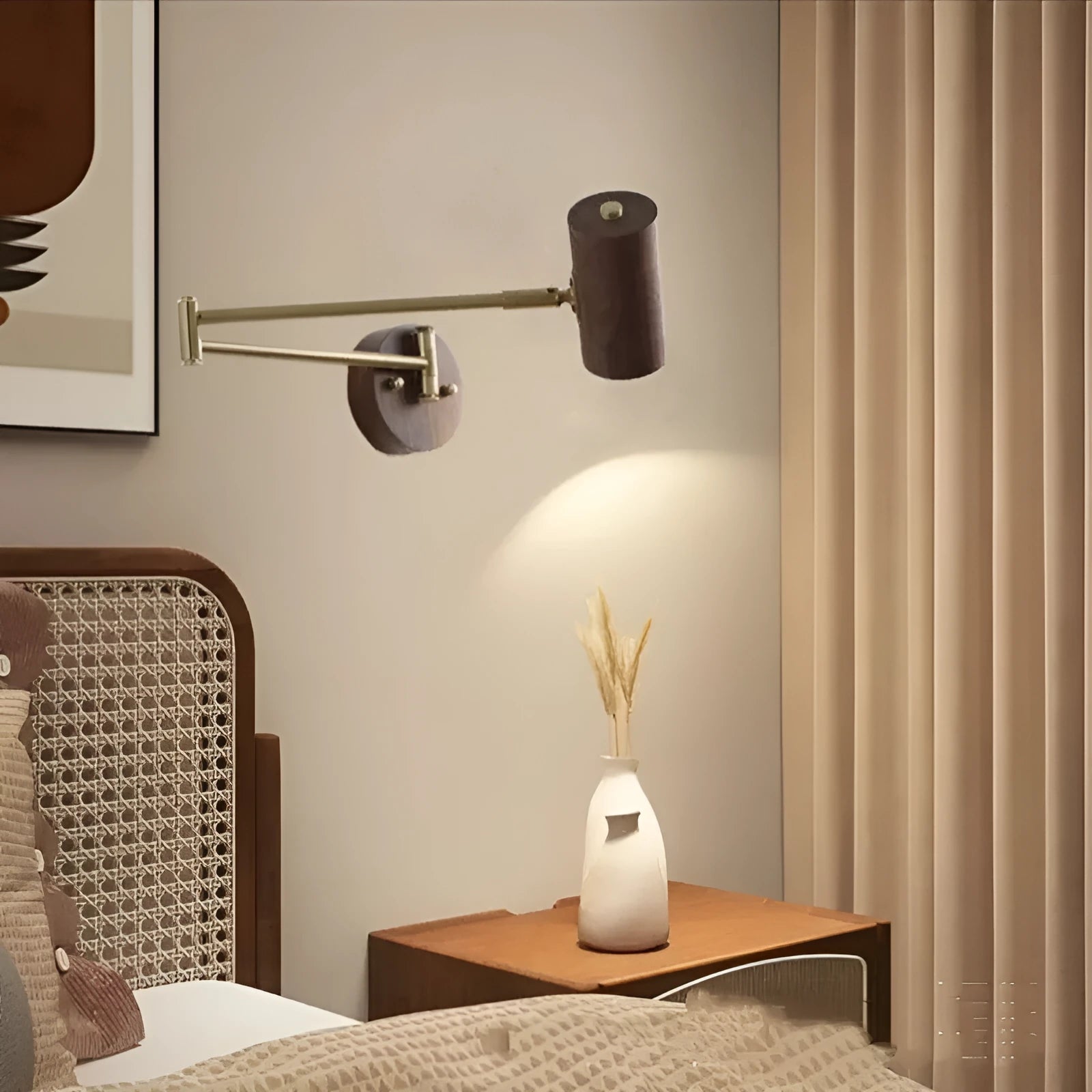 Retro rotating wall lamp with switch, long arm spot light in walnut wood and iron finish