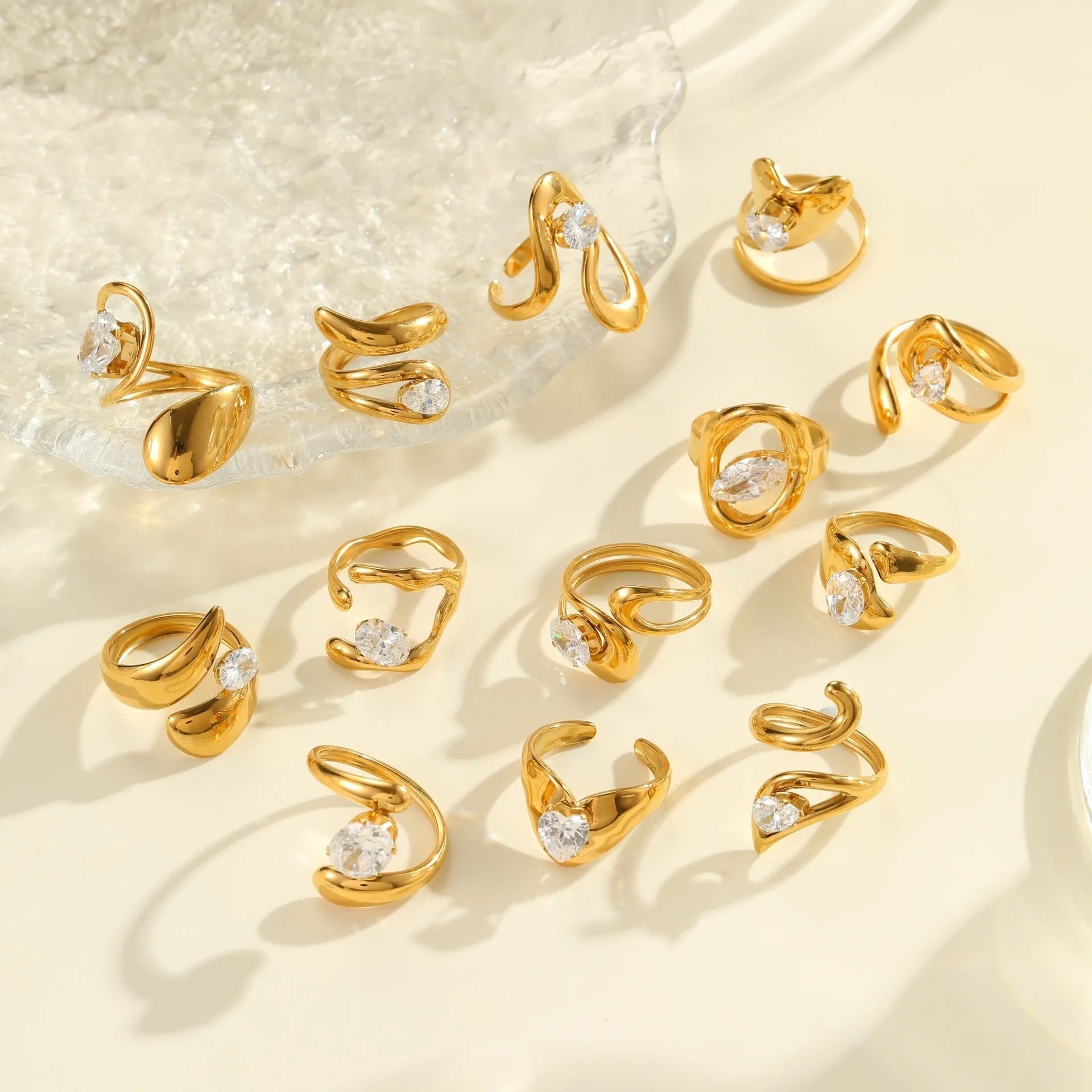 Open mouth geometric zircon ring for women with adjustable stainless steel design in multiple colours