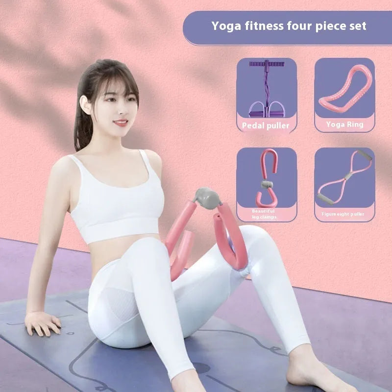 Yoga four-piece fitness set with leg stretcher, ring, pedal device, and tension rope