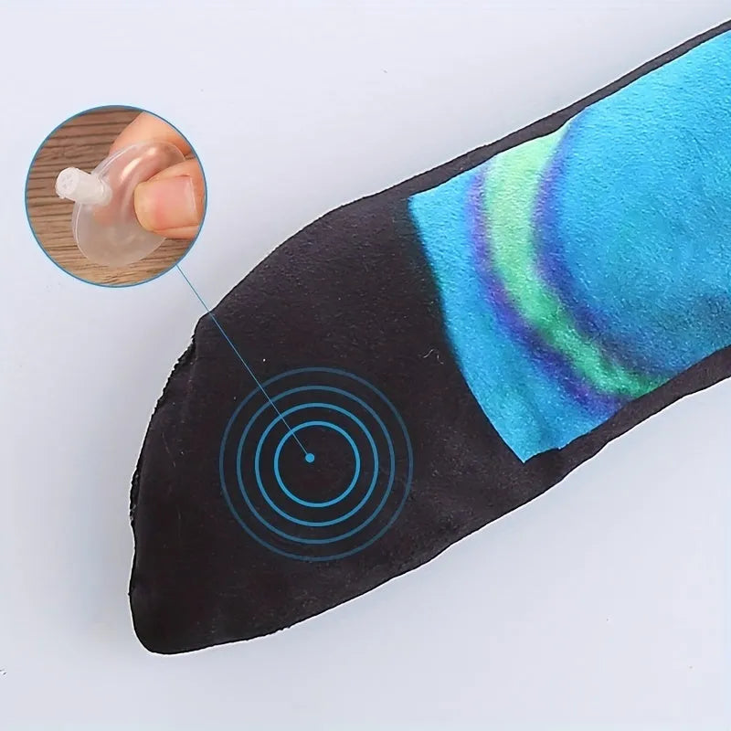 Plush snake dog squeaky toy with stripe print in rainbow colour, unfilled lightweight design