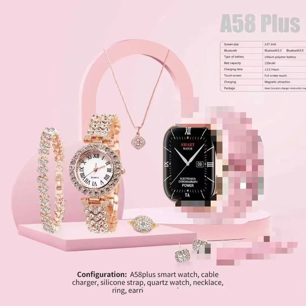 A58plus and A59plus smart watch with touchscreen display, shown in various colour options including black, gold, silver, grey, and beige.