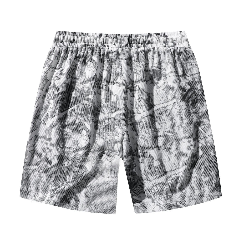 Men's black corduroy camouflage print athletic shorts with a high waist and straight-leg cut on a mannequin.