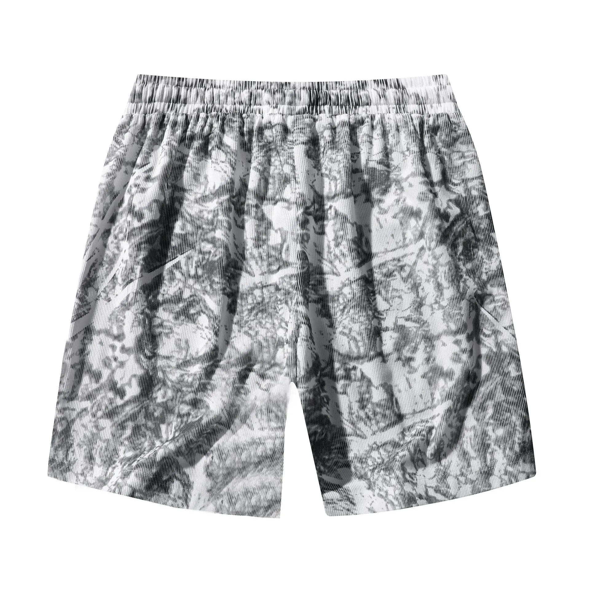 Men's black corduroy camouflage print athletic shorts with a high waist and straight-leg cut on a mannequin.