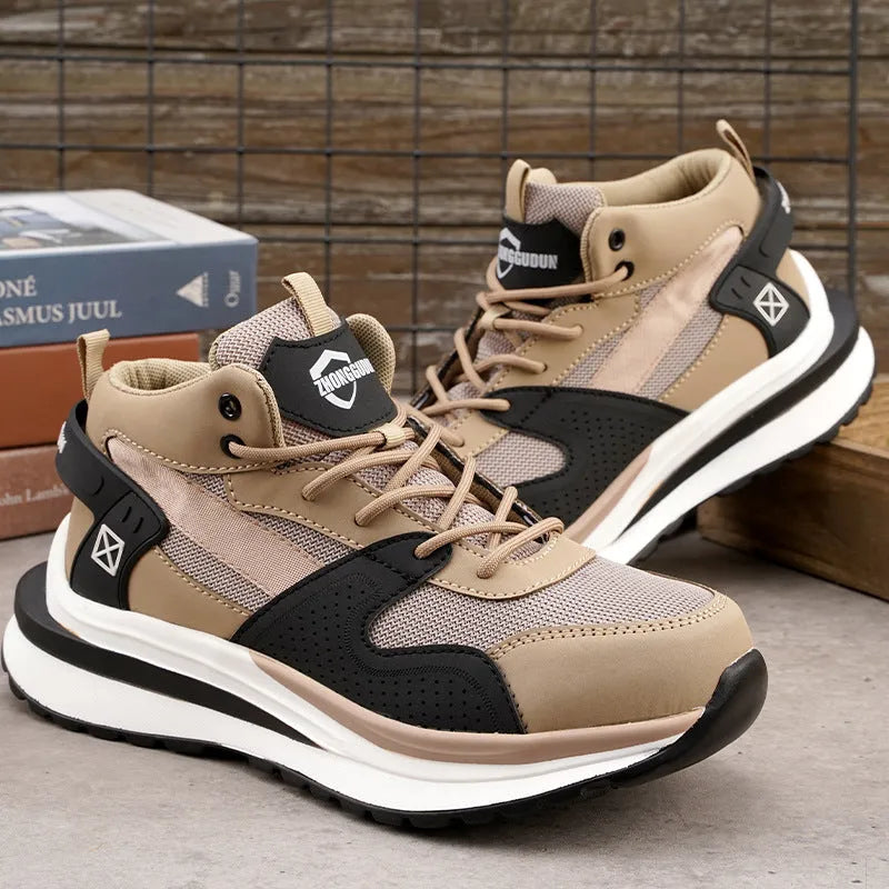 Anti-smashing and anti-penetration labour protection shoes with steel toe cap in black low top flat knitted design