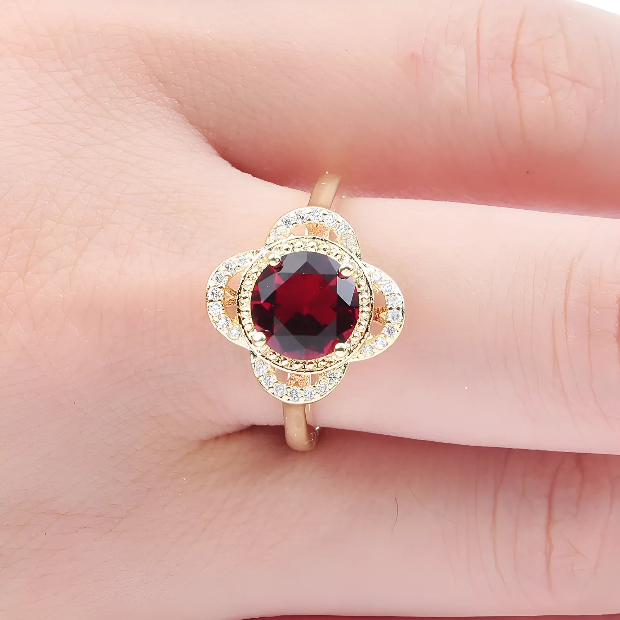 Copper ring with fruit-shaped zircon design in electroplated finish