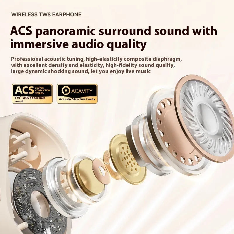 Wireless ear-mounted headphones with digital display screen in black, white, and skin colour options