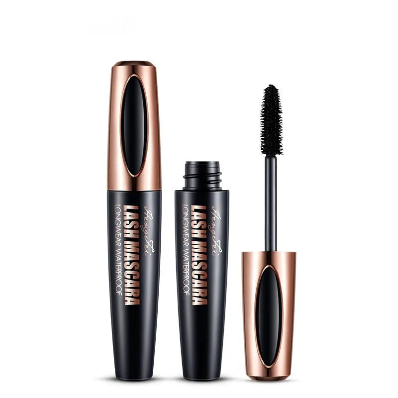 Black waterproof and sweat-proof mascara tube showing thick curling formula application