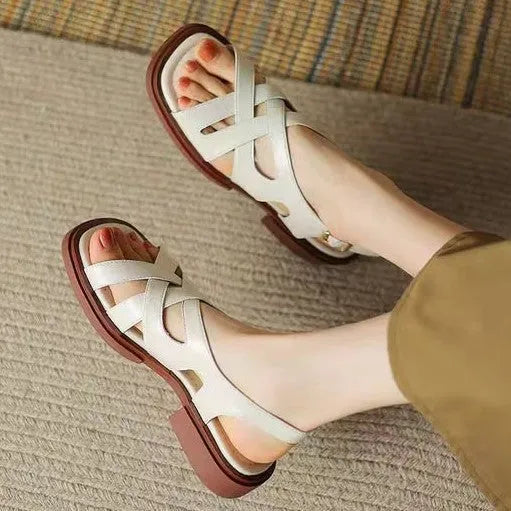 Women's glossy patent leather beach sandals with square toe and cross-strap design in three colour options