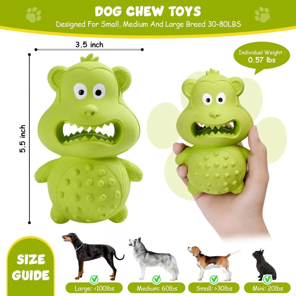 Green and yellow natural rubber dog toy for aggressive chewers with squeaker and fillable centre