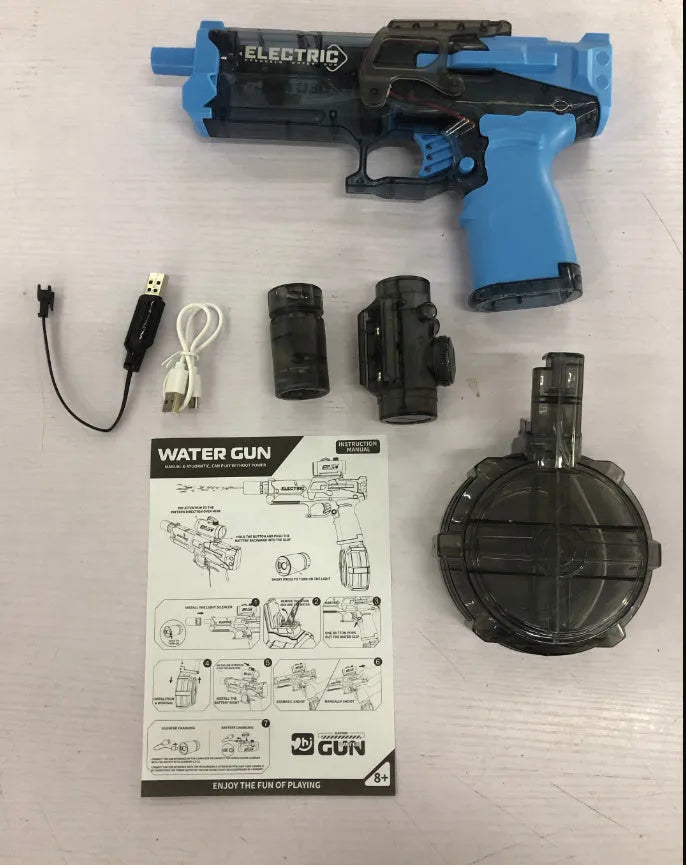 Fire Rat electric water pistol toy with LED lights in multiple colour options including black, blue, and red